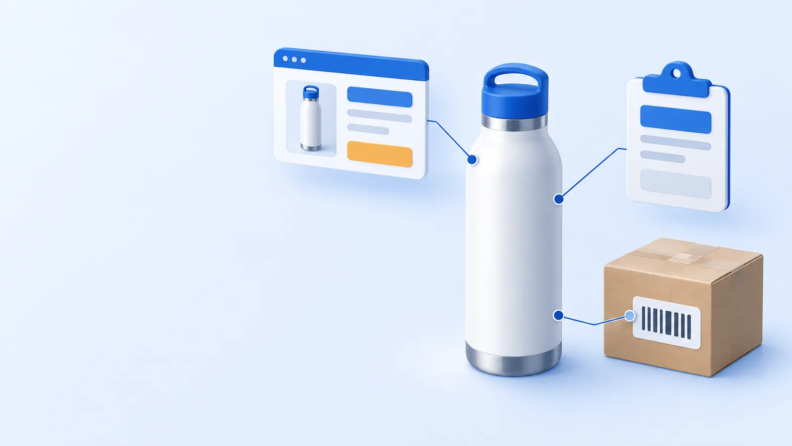 One insulated water bottle linked by thin lines to three tags: a product page card, a clipboard with the seller's own code, and a barcode label on a shipping box. One product, three different IDs.