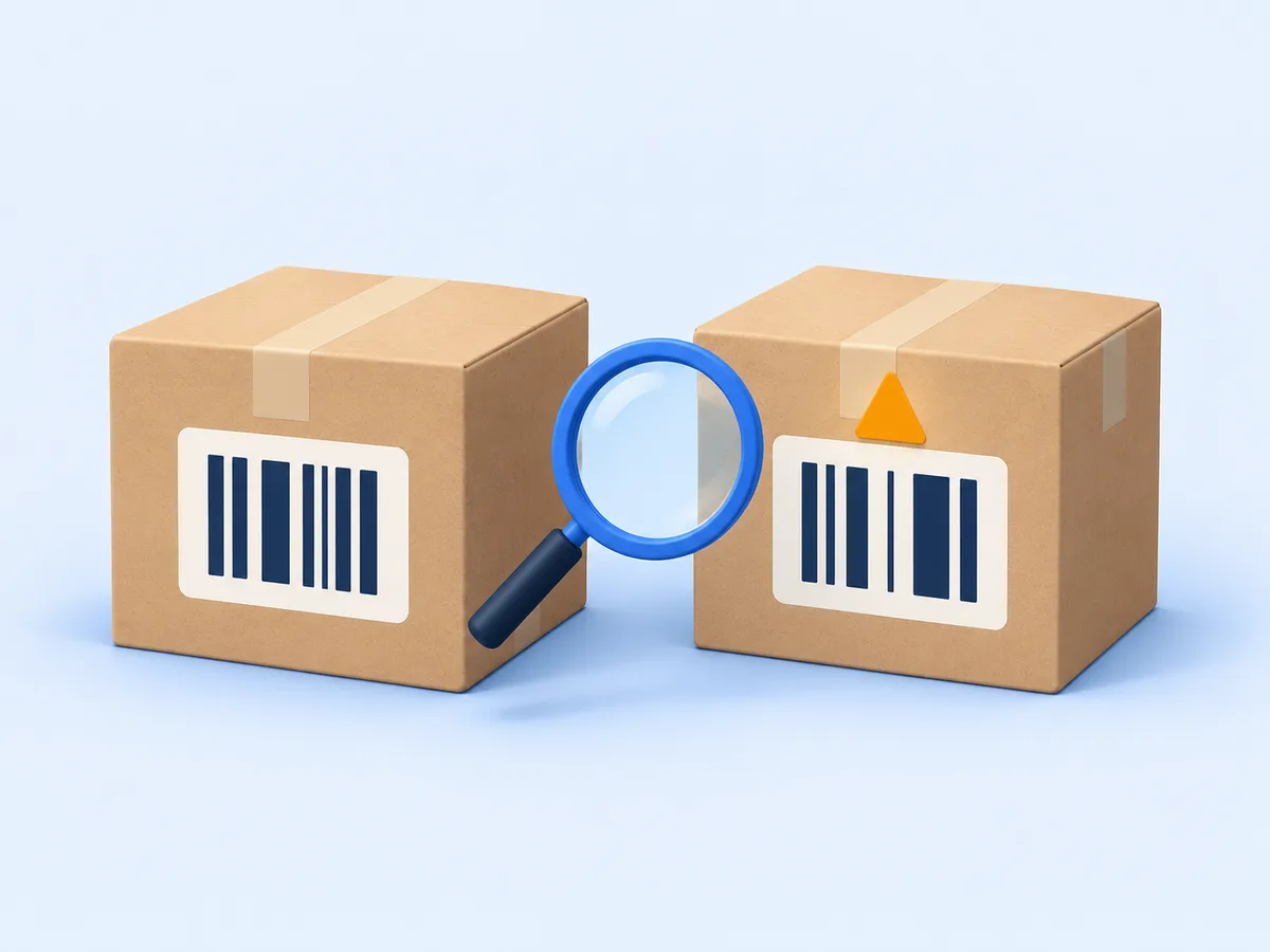 Two kraft boxes that look the same, each with a striped label; a magnifying glass sits between them and an amber warning marker floats over the label that differs.