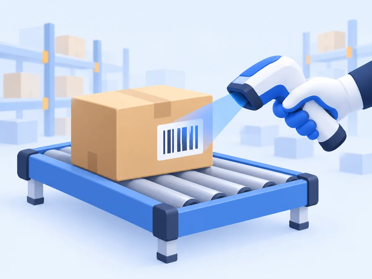 A gloved hand points a barcode scanner at the striped label on a kraft box riding a roller conveyor, with warehouse shelves fading behind.