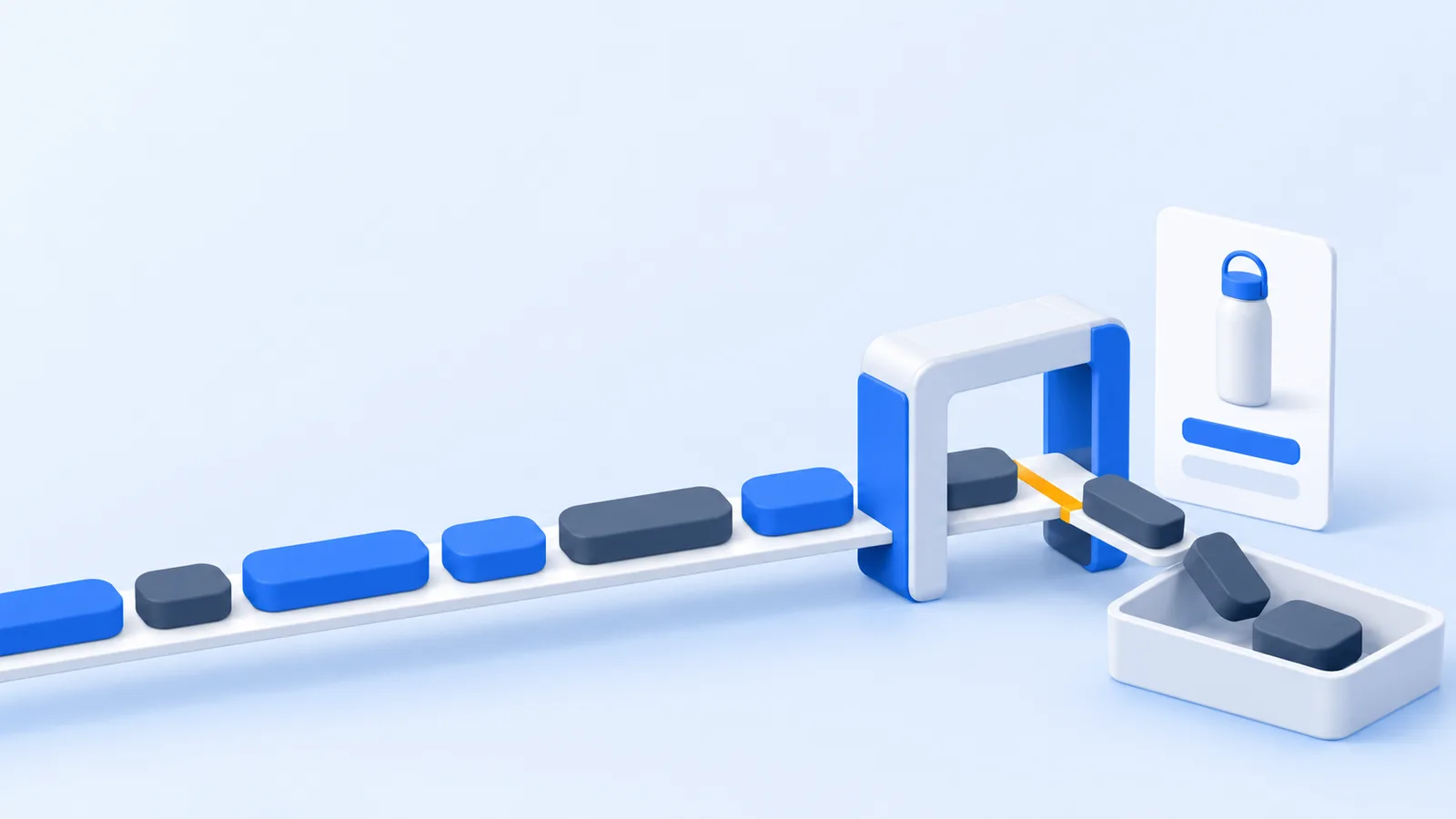 A ribbon of blank word blocks slides along a track through a measuring gate with a stop line; the blocks past the line drop into a side tray next to a small water bottle product card.