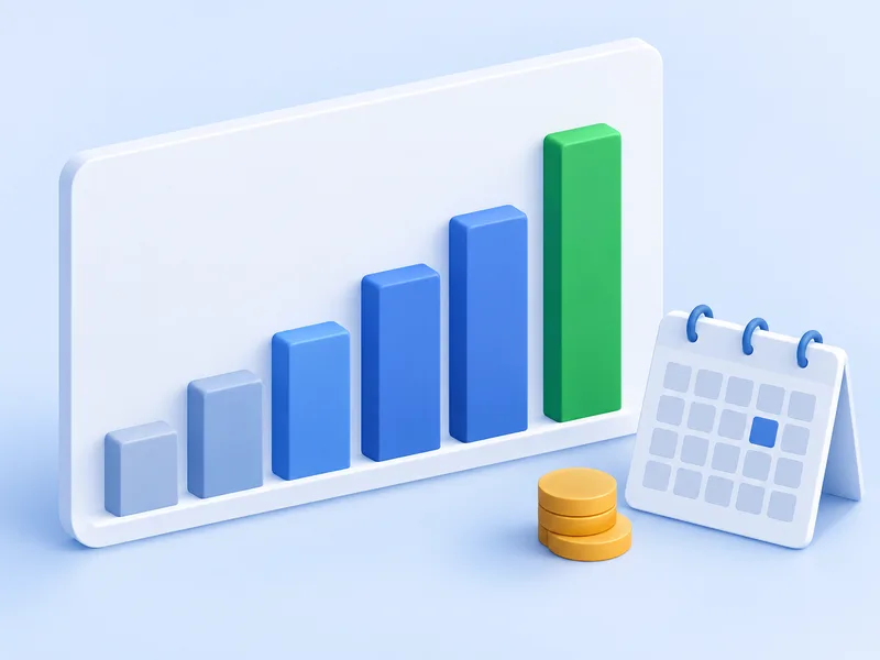 A bar chart whose last bar rises in green, beside a small stack of coins and a calendar with one day marked.