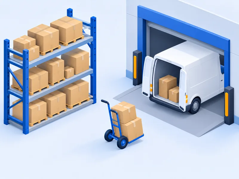 A warehouse shelf of kraft boxes on pallets; two boxes on a hand truck head for a van waiting at the loading dock.