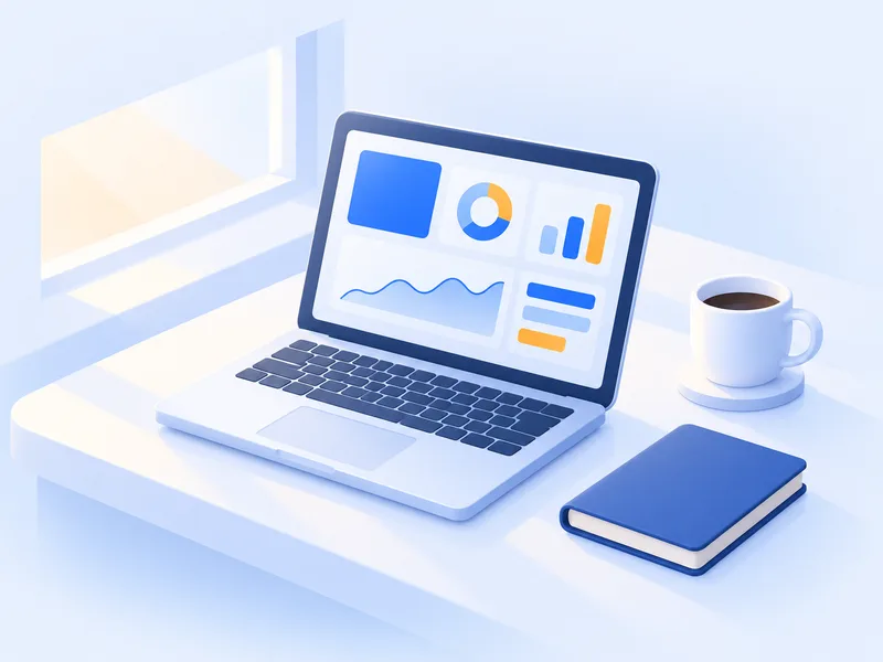 A laptop on a sunny morning desk shows dashboard tiles and a small line chart, next to a cup of coffee and a notebook.