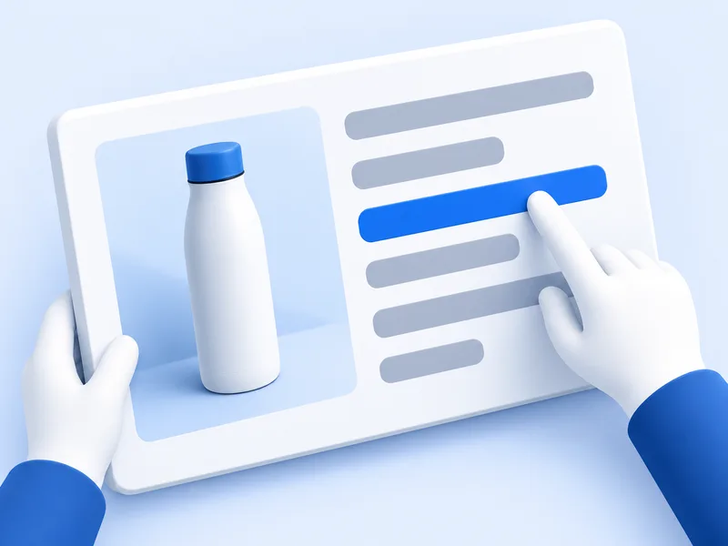 Two hands hold a tablet showing a product card with a water bottle; one text line is highlighted in blue while it is edited.