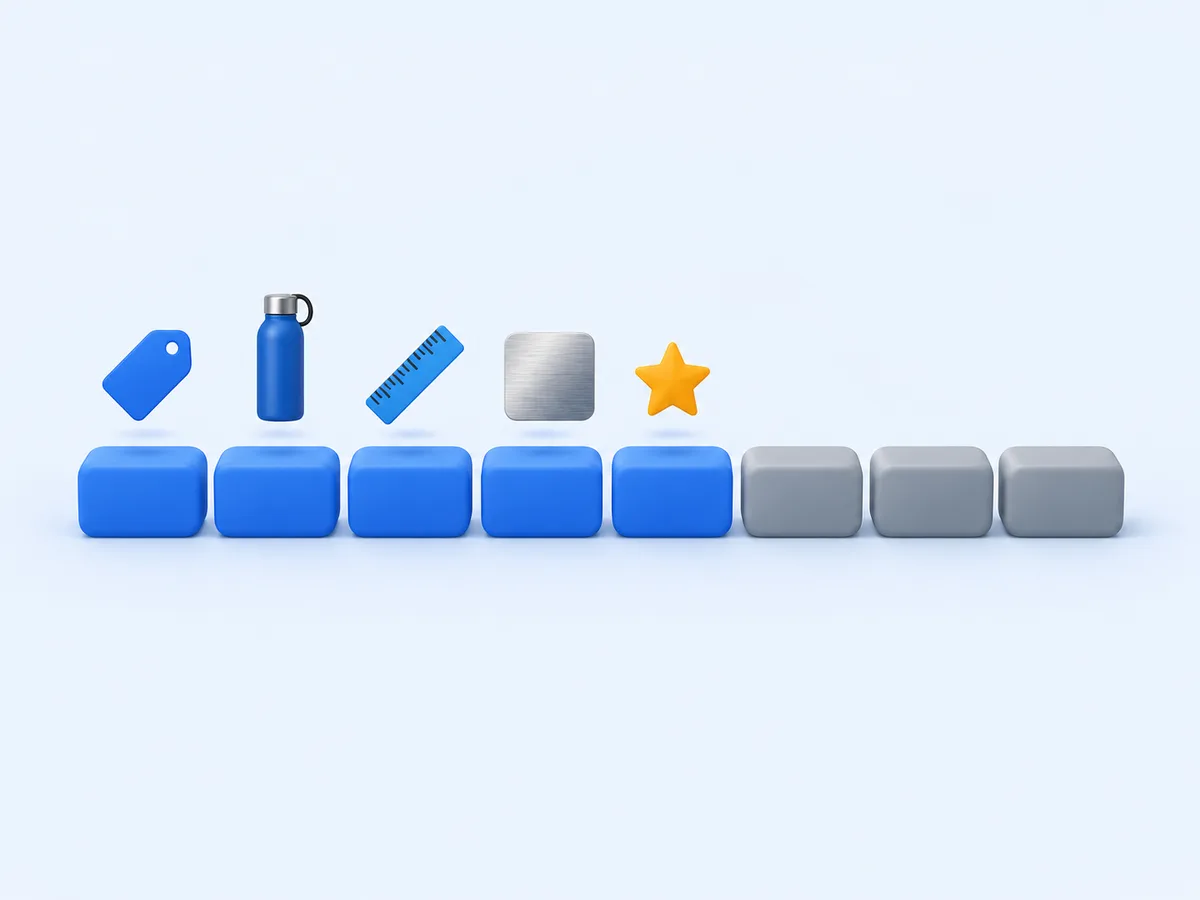 A row of eight rounded blocks: the first five are blue, each with an icon above it (a tag for the brand, a water bottle for the product type, a ruler for the size, a brushed steel square for the material, a star for the strongest feature); the last three are gray.